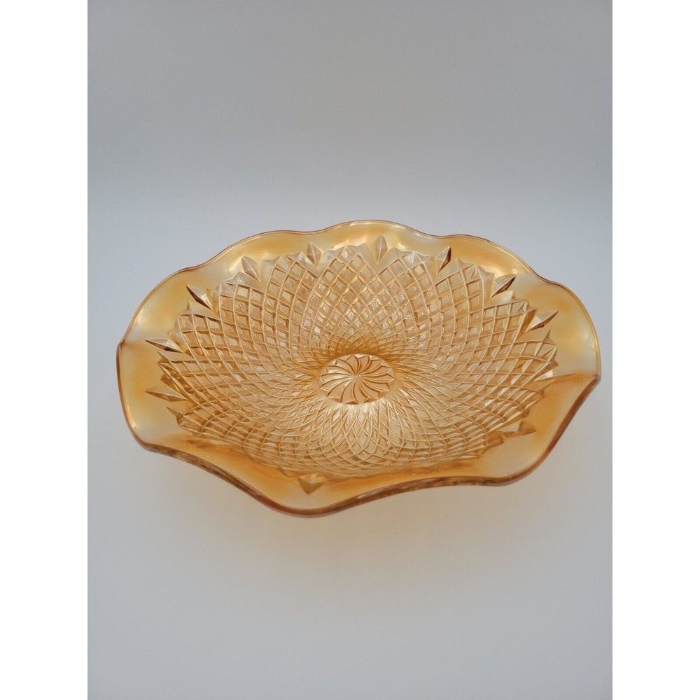 Vintage Marigold Carnival Glass Bowl Diamond Pinwheel Pattern Ruffled Rim